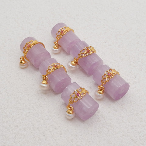 BITEFU 1Pair Silver Gold Plated Natural Kunzite Gemstone Earring Beads, Jewelry DIY Making Accessories, 4.3g