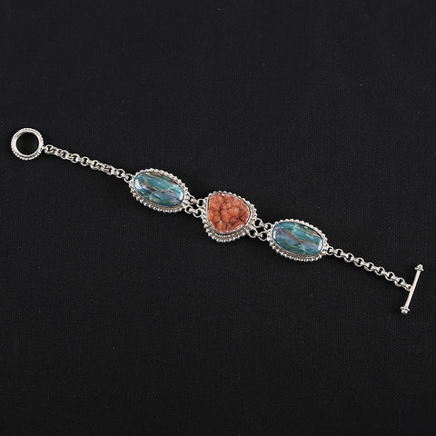 925 Sterling Silver Inlaid Charm Bracelet, Cluster Quartz,Blue Opal Bead For Pendant,Handmade Jewelry For Women20cm,28×19×9mm,24×25×9mm,40.7g