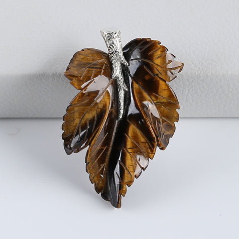 New Natural Tiger-Eye Handcarved Leaf Pendant,925 Sterling Silver Pinch Bail,59x39x7mm,20.7g