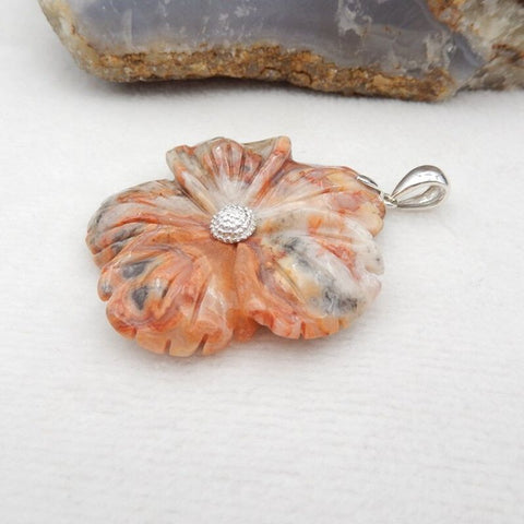 Natural Crazy Lace Agate Carved flower Pendant with 925 Sterling Silver Pinch Bail 47x45x7mm, 22g