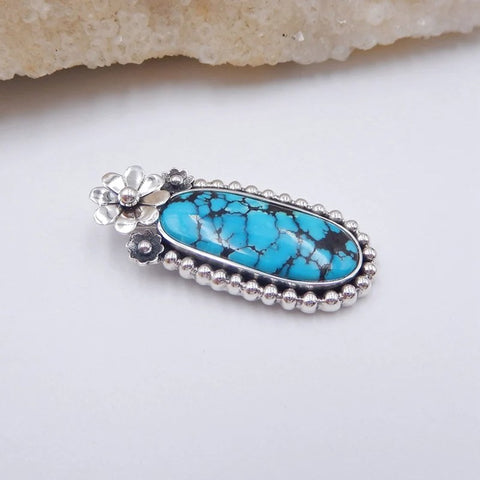 Natural Turquoise Pendant with flower 925 Sterling Silver 38x17x4mm, 7.5g