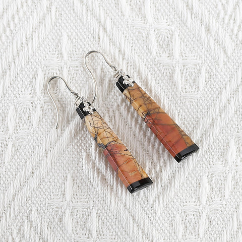 New Natural Obsidian And Multi-Color Picasso Jasper Intarsia Earrings , 925 Sterling Silver, 38x11x4mm, 7.5g