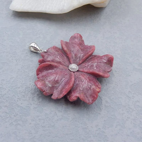 Natural Rhodonite Carved flower Pendant with 925 Sterling Silver Pinch Bail 58x55x10mm, 43g