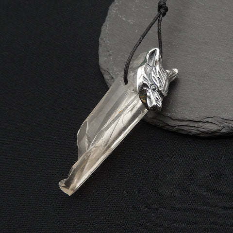 New! Natural Crystal Gemstone 925 Sterling Silver Wolf Head Pendant, Wolf Head Jewelry, 59x14x24mm, 18.3g