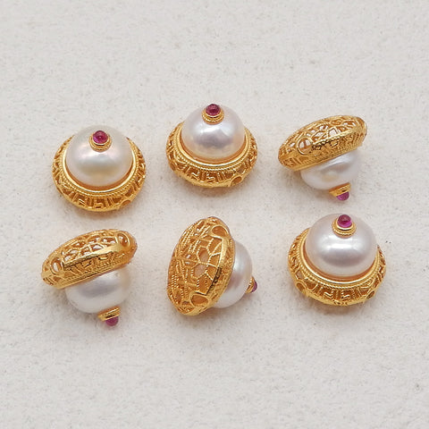 1 Pair Silver Gold Plated Natural Ruby and MOP Round Gemstone Earring Beads,Lovely Earring Pair for Design,11x10mm,2.6g