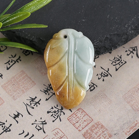 Natural Jadeite Jade Leaf Pendant, Drilled Gemstone Pendant,Gemstone Carving For Jewelry DIY Making Charm Gift Accessories,41×26×5mm,9.3g