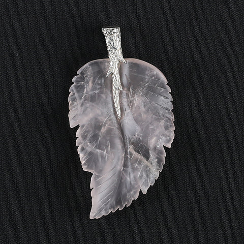 New Natural Rose Quartz Handcarved Leaf Pendant,925 Sterling Silver Pinch Bail,60x33x7mm,13g