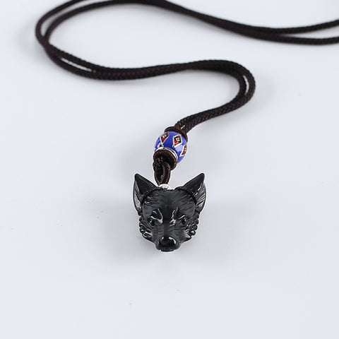 Handmade Carved 26 Inch Natural Obsidian Wolf Head Pendant Necklace, Popular Stone Wolf Necklace , Natural Gemstone Jewelry,8x9mm,28x20x11mm,9.5g