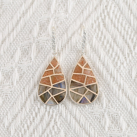 New Arrival! Handmade Intarsia Earrings, Natural Stone Sun Stone And Flash Labradorite, Sterling Silver 925 Women Earrings Vintage Jewelry,45x17x2mm, 6.7g