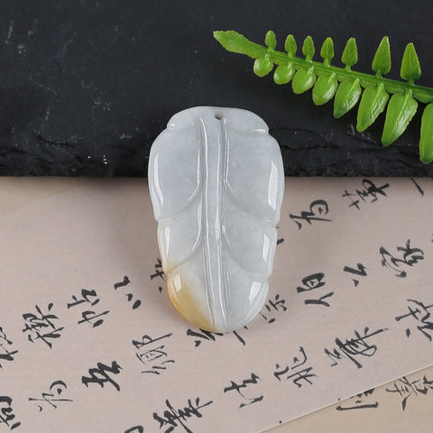 Handmade Jewelry,Carved Natural Jade Leaf Gemstone Pendant Bead,Unique Stone Pendant,42x25x5mm,11g