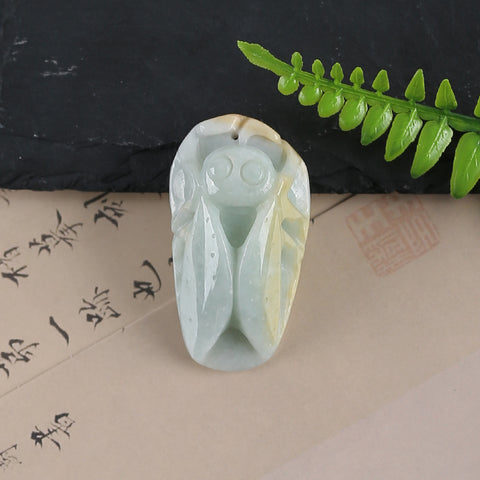 Carved Natural Jade Cicada Gemstone Pendant Bead,Unique Pendant for Necklace,Handmade Jewelry,44x24x13mm,20g