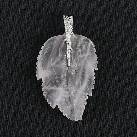 New Natural Rose Quartz Handcarved Leaf Pendant,925 Sterling Silver Pinch Bail,60x35x7mm,11.2g