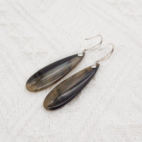 New Natural Obsidian And Labradorite Intarsia Teardrop Earrings,925 Sterling Silver, 41×13×4mm, 6.8g