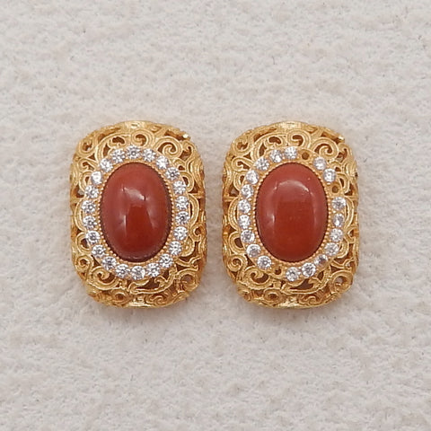 1 Pair Silver Gold Plated Natural High Quality Red River Jasper Earring Beads,Jewelry DIY Making,14×10x5mm, 2.4g