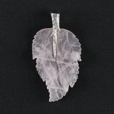 New Natural Rose Quartz Handcarved Leaf Pendant,925 Sterling Silver Pinch Bail,59x32x7mm,11.2g