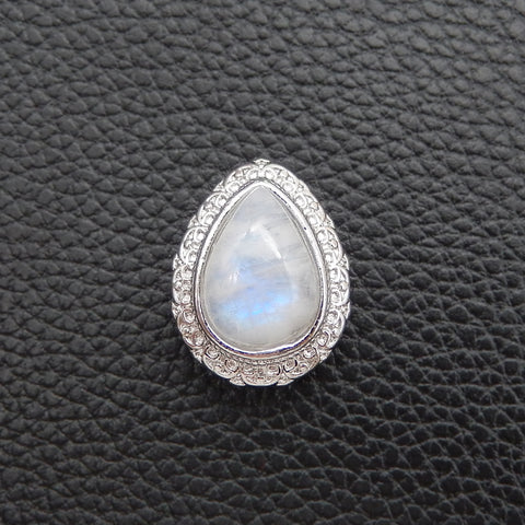 Natural Moonstone Brass Plated Silver Pendant Bead, Gemstone Jewelry Gift 20x16x12mm, 4.3g