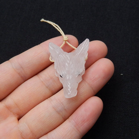 Perle pendentif tête de loup sculptée à la main en quartz rose, 28x20x10mm, 5.3g