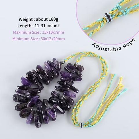 New Arrival!Hand-Woven,Natural Amethyst Gemstone Necklace,Adjustable Necklace,15x10x7mm,30x12x20mm,11-31 Inch,180g