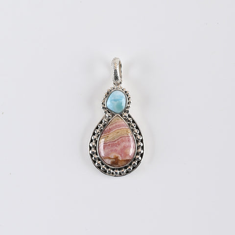 Handmade Pendant,Blue Aquamarine and Argentina Rhodochrosite Pendant, 925 Sterling Silver Pendant,42x20x5mm,9.7g