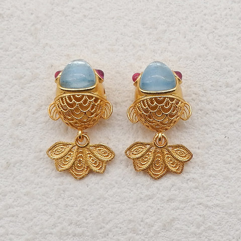 1 Pair Silver Gold Plated Natural Blue Aquamarine Koi Gemstone Earring Beads,Lovely Earring Pair for Design,18x9x7mm,2g