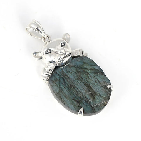 Natural Labradorite with 925 Sterling Silver Leopard Head Accessory 38x21x10mm, 13.4g