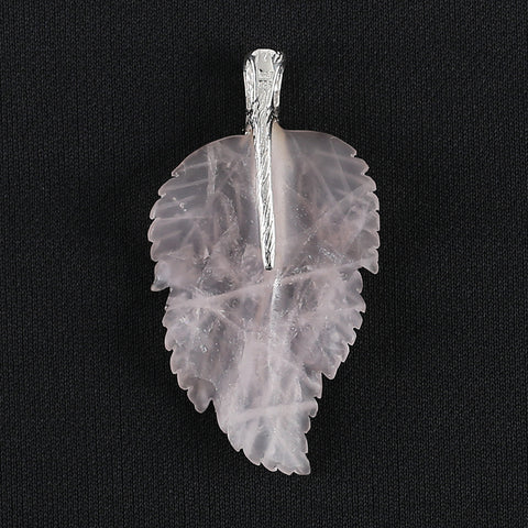 New Natural Rose Quartz Handcarved Leaf Pendant,925 Sterling Silver Pinch Bail,59x32x7mm,11.2g