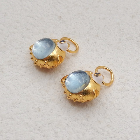 1 Pair Silver Gold Plated Natural Blue Aquamarine Pufferfish Gemstone Earring Beads,Lovely Earring Pair for Design,9x10x7mm,1.3g