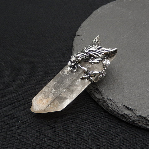 New! Natural Crystal Gemstone 925 Sterling Silver Wolf Head Pendant, Wolf Head Jewelry, 52x20x20mm, 22g