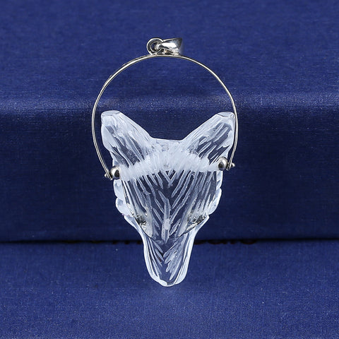 White Crystal Carved Wolf Head Pendant With 925 Sterling Silver,35x26x13mm, 13g