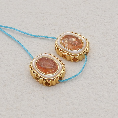 BITEFU 1Pair Silver Gold Plated Natural Sun Stone Gemstone Pendant Bead, Jewelry DIY Making, 1.8g