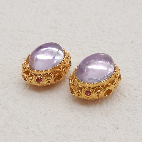 BITEFU 1Pair Silver Gold Plated Natural Amethyst Gemstone Pendant Bead, Jewelry DIY Making, 1.5g