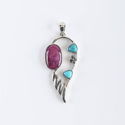 New Arrival!Handmade Jewelry Sterling Silver 925,Turquoise And Ruby Pendant,35×16×4mm, 2.8g