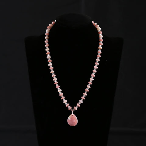 Natural Pink Opal And Rose Quartz Gemstone Necklace, Best Gemstone Jewelry Gift, 1 Strand 18 Inch, 24x21x7mm, 8x4mm, 5mm, 30.8g