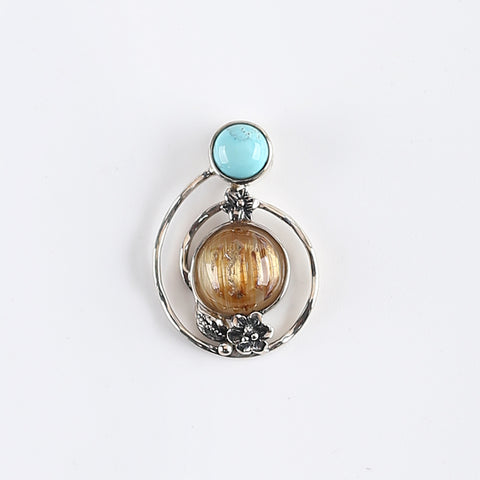 New Arrival!Handmade Jewelry Sterling Silver 925 Turquoise And Gold Rutilated Quartz  Pendant,26×18×7mm, 3.4g