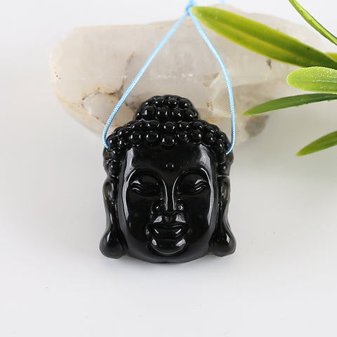 BITEFU Carved Natural Obsidian Buddha Head Gemstone Pendant Bead,14g