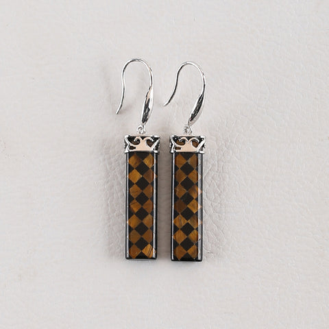 Natural Stone Tiger-Eye, Obsidian Intarsia Earrings With 925 Sterling Silver, 31x8x4mm, 6g