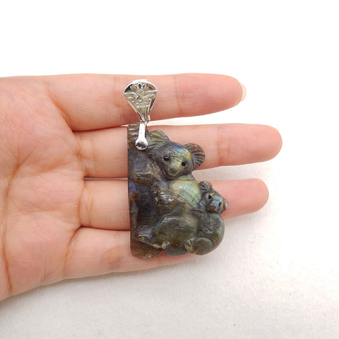 Popular Jewelry Gift! 925 Silver Natural Hand Carved Labradorite Koala Pendant, Fashion Pendant For Necklace, 45x33x10mm, 21.7g