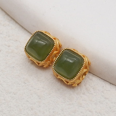 BITEFU 1Pair Silver Gold Plated Natural Jade Gemstone Pendant Bead, Jewelry DIY Making, 0.9g