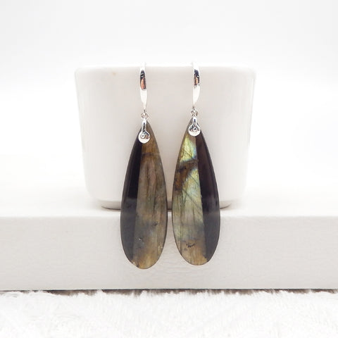 New Natural Obsidian And Labradorite Intarsia Teardrop Earrings,925 Sterling Silver, 41×13×4mm, 6.8g