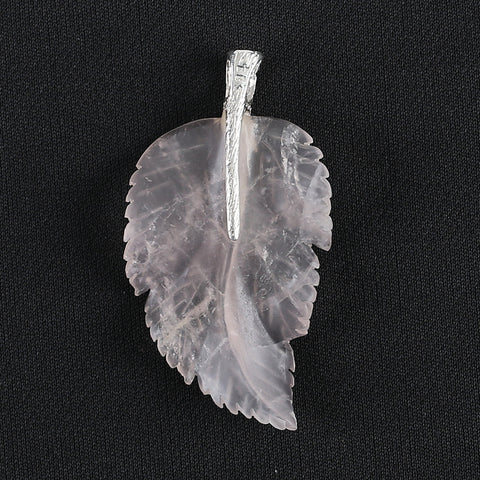 New Natural Rose Quartz Handcarved Leaf Pendant,925 Sterling Silver Pinch Bail,60x33x7mm,13g