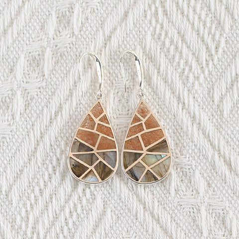 New Arrival! Handmade Intarsia Earrings, Natural Stone Sun Stone And Flash Labradorite, Sterling Silver 925 Women Earrings Vintage Jewelry,45x17x2mm, 6.7g