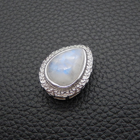 Natural Moonstone Brass Plated Silver Pendant Bead, Gemstone Jewelry Gift 20x16x12mm, 4.3g