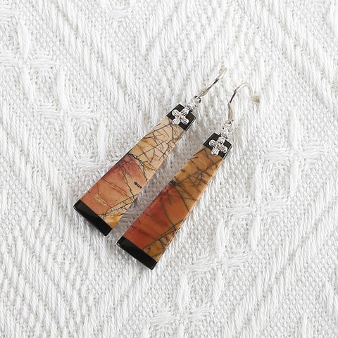 New Natural Obsidian And Multi-Color Picasso Jasper Intarsia Earrings , 925 Sterling Silver, 38x11x4mm, 7.5g