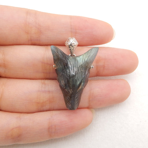 Popular Jewelry Gift! 925 Sterling Silver Natural Hand Carved Labradorite Wolf Head Pendant, Fashion Pendant For Necklace, 28x20x11mm, 7.4g