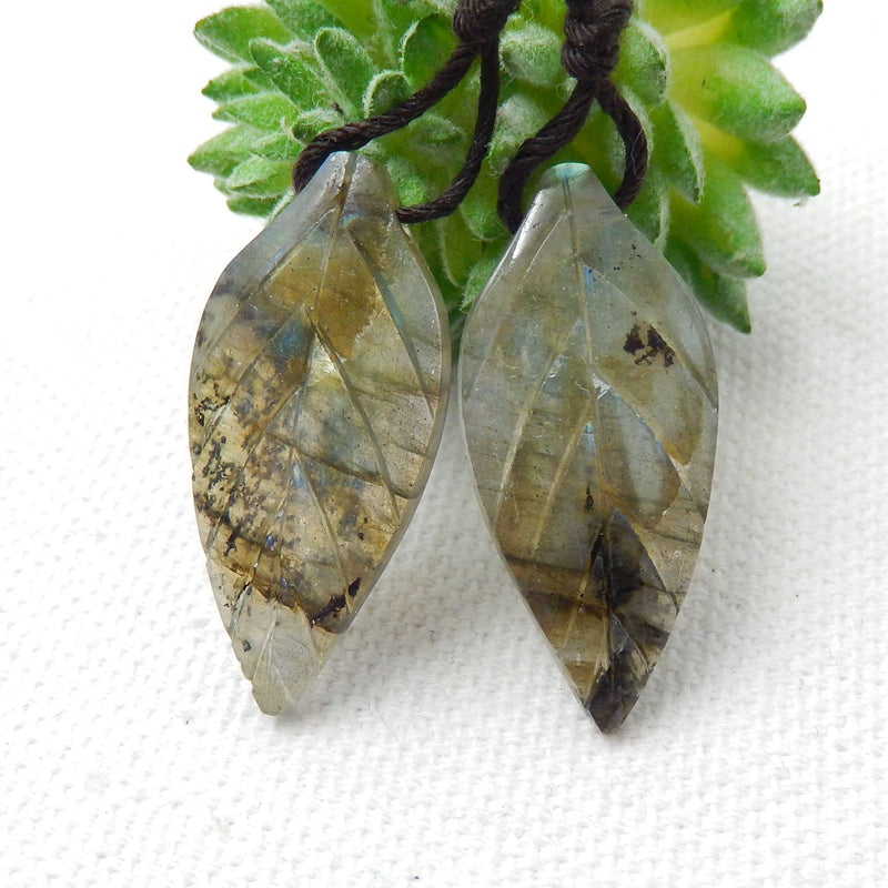 Natural Labradorite Carved leaf Earring Beads 26x12x4mm, 3.8g