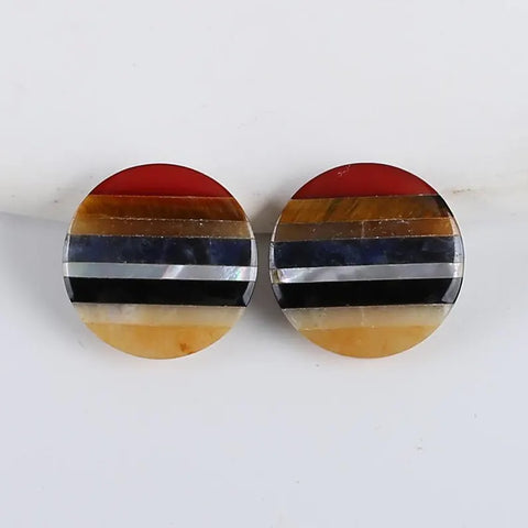 Natural Colorful Gemstones Intarsia Round Cabochon Pair (Can be drilled), Handmade Gemstone Cufflinks, Unique Pair, 17x3mm, 3g