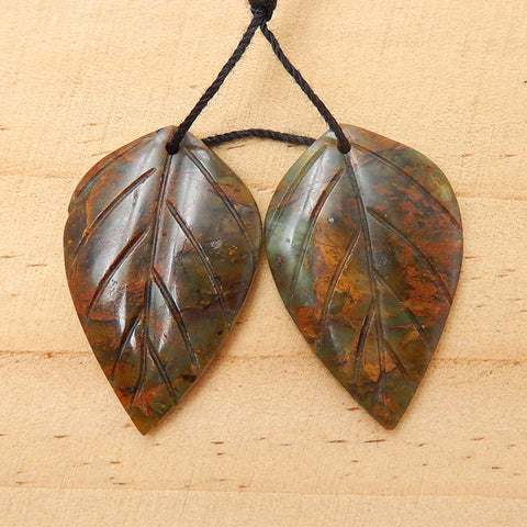 Natural Green Opal Carved leaf Earring Bead 34x20x4mm, 7.1g