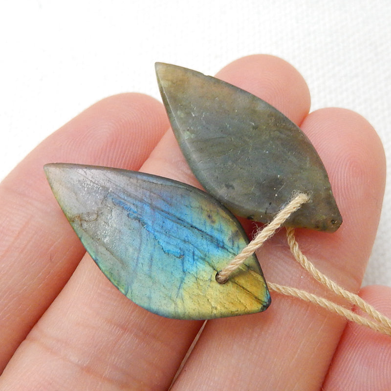 Natural Labradorite Carved leaf Earring Beads 26x12x4mm, 3.8g