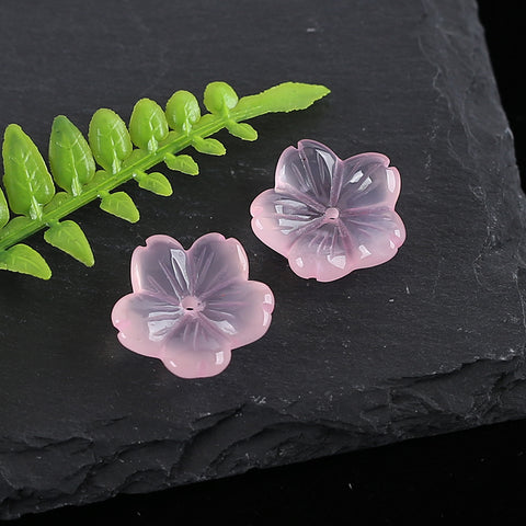 BITEFU 1 Pair Carved Natural Gemstone Pink Chalcedony Flower Earring Beads, Carved Flower Pair, 3.1g