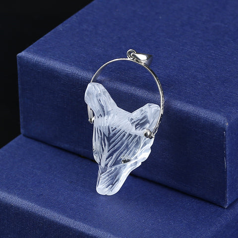 White Crystal Carved Wolf Head Pendant With 925 Sterling Silver,35x26x13mm, 13g